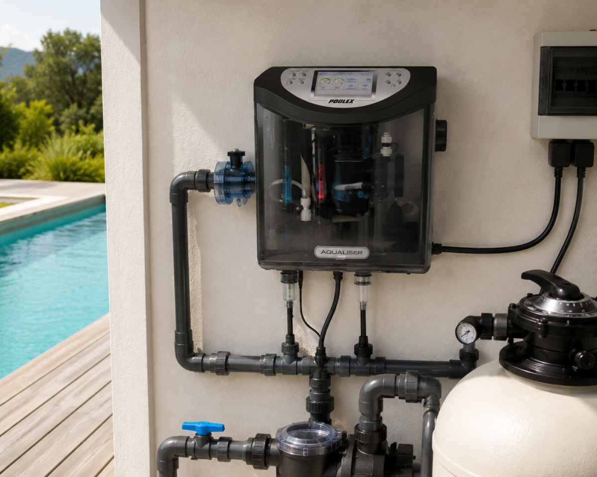 Électrolyseur Poolstar Aqualiser installé dans un local technique de piscine avec système de filtration automatique.