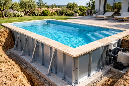  Piscine enterrée 6x3 m avec structure en panneaux acier, escalier d'angle, liner bleu, filtration complète et margelles en travertin - Lily Sun Piscines.